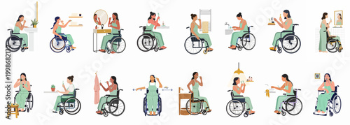 Collection of flat illustrations depicting a woman in a wheelchair performing daily morning and evening bathroom routines like brushing teeth and skin care.