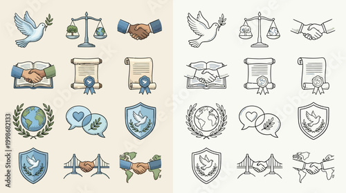 Collection of icons representing peace, justice, and diplomacy, including doves, scales of justice, handshakes, globes, and shields.