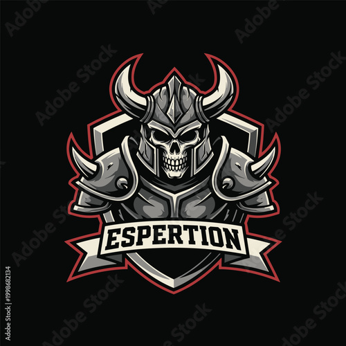 Gray skull wearing armor and helmet.