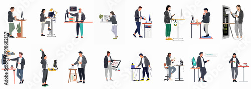 Diverse collection of tech professionals, developers, and designers working in a modern office environment with standing desks, illustrated in a flat vector style.