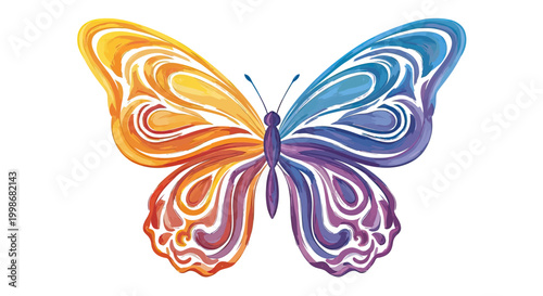 Stylized butterfly with warm orange and cool blue/purple wings