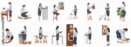 Collection of vector illustrations depicting a professional woman managing office paperwork, accounting, and bookkeeping tasks in various settings.