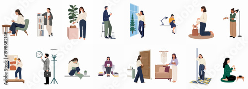 Vector illustration set of people in various mental health and therapy scenes, depicting emotional support, counseling, and wellness activities.