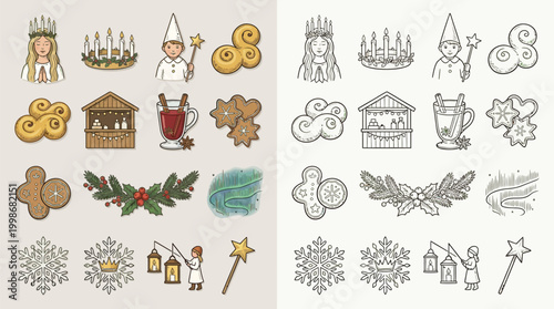 Collection of colorful and monochrome icons representing Swedish Lucia traditions and winter holiday elements.
