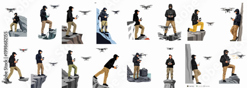 Illustration collection of a man in outdoor tactical clothing operating a drone while standing on various mountain cliffs and rocky terrain.