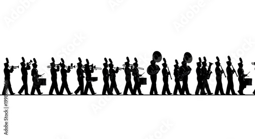 Silhouette of a marching band with brass instruments, woodwinds, and percussion
