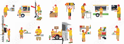 Flat vector illustration set of a food truck employee in a yellow uniform performing various tasks like cooking, cleaning, and serving tacos.