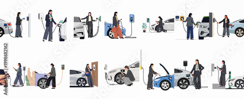 Set of flat vector illustrations depicting professional businesswomen charging their electric vehicles at modern charging stations, highlighting sustainable corporate transportation and green energy.