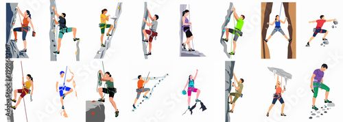 Set of Flat Illustrations Depicting Various People Rock Climbing in Different Environments with Essential Gear