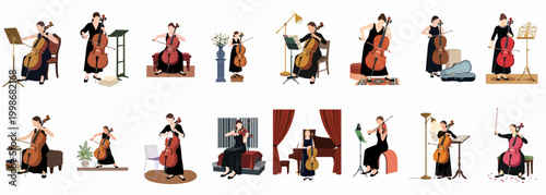 Set of minimalist vector characters of female cellists and violinists in elegant black gowns practicing and performing classical music.