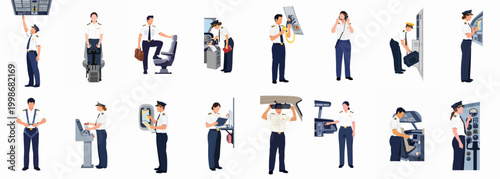 Diverse collection of male and female airline pilot characters performing various professional duties and cockpit activities in flat vector illustration style.