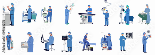 Surgeons and Medical Staff Illustration Set in Various Hospital and Operating Room Scenarios