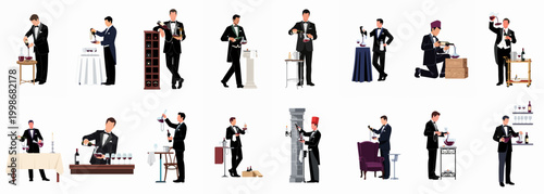 Collection of professional sommeliers in formal attire performing wine service, decanting and pouring red wine in various elegant settings.