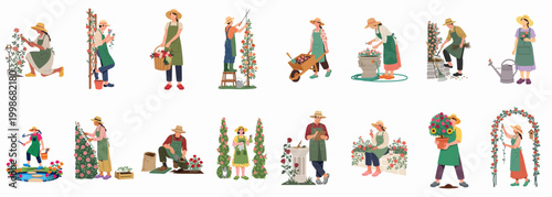 Collection of diverse gardeners performing various tasks like pruning, planting, and watering rose bushes in a flat illustration style.