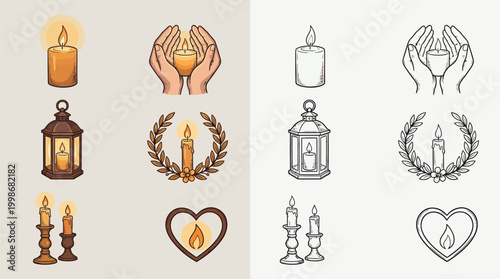 Collection of candle icons, including lit candles, lanterns, and candle holders, presented in both color and line art styles.