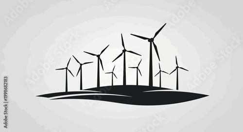 A silhouette of a wind farm with turbines on a rolling hill
