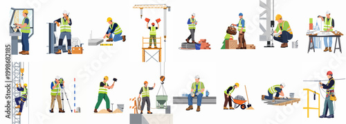 Collection of construction workers and professionals in safety gear performing various tasks at a building site, isolated on a white background.
