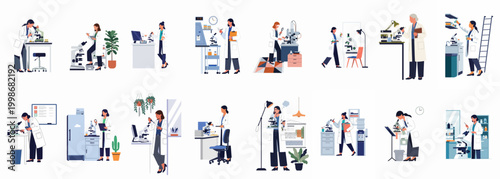 A collection of female scientists and researchers working in various laboratory settings with scientific equipment and microscopes.