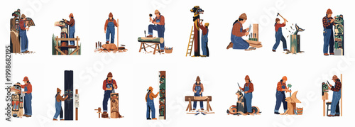 Illustrations of Indigenous artists carving traditional totem poles and wooden sculptures with various tools on a white background.
