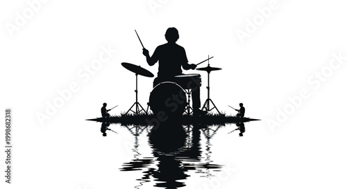 Black silhouette of a drummer and two figures fishing, reflected in water