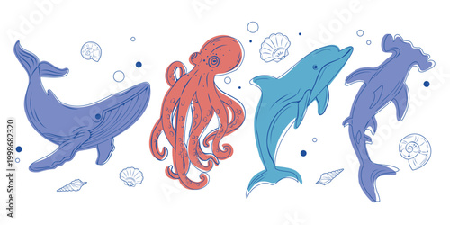 Horizontal sea life banner with marine animals line art