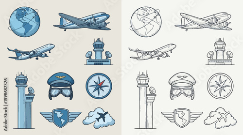 Foto Collection of aviation-themed icons featuring airplanes, control towers, globes, pilot hats, compasses, and clouds, presented in both color and line art styles