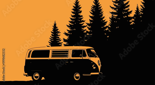 Silhouette of a classic van parked near pine trees against an orange sky