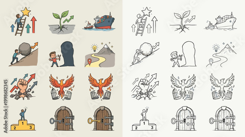Collection of hand-drawn icons representing business growth, challenges, success, and overcoming obstacles.