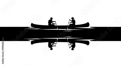 Two people paddling canoes, with their reflections visible below