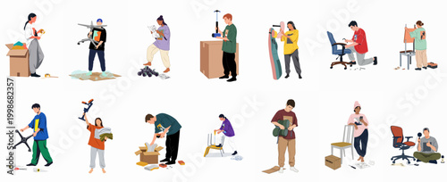 Collection of young people moving house, packing boxes, and assembling furniture, flat vector illustration set on white background.