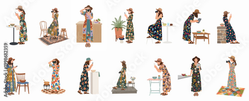 Set of flat vector illustrations featuring stylish women in floral dresses and hats taking photos of food with cameras and smartphones.