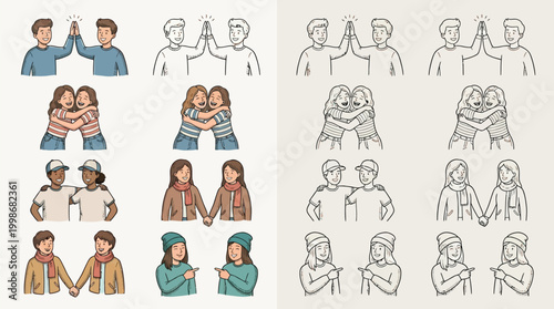 A collection of illustrations depicting various friendly gestures and interactions between people, presented in both color and line art formats.