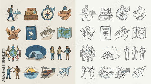 Collection of hand-drawn icons representing various aspects of travel and human connection, including luggage, maps, compasses, and people interacting.