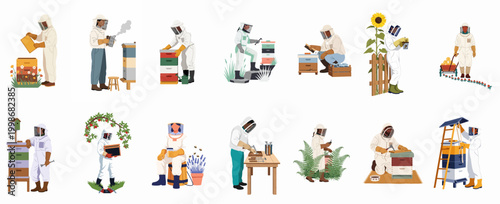 A set of flat vector illustrations featuring diverse beekeepers in protective gear harvesting honey, inspecting hives, and working in an apiary.