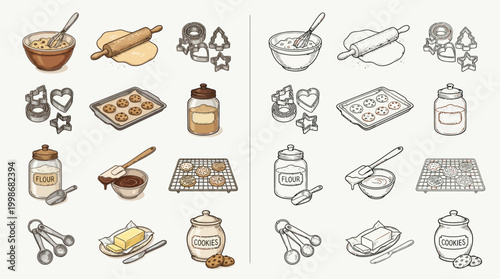 Foto A collection of hand-drawn illustrations depicting various baking ingredients and tools, presented in both color and outline versions