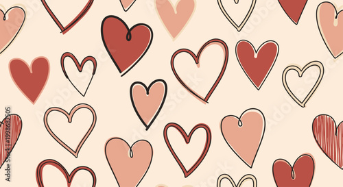 A pattern of various pink and red hand-drawn hearts on a cream background
