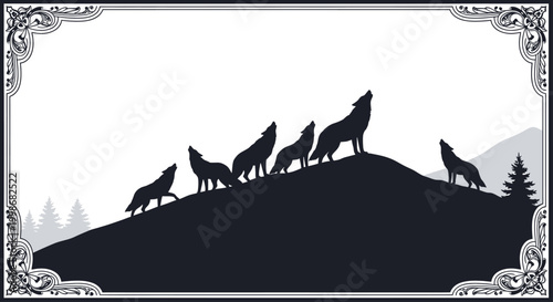 Silhouetted wolves howl on a hill under decorative border