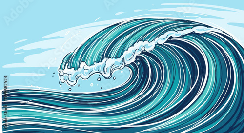 Stylized powerful ocean wave with cresting white foam and turquoise depths