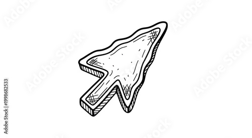 Hand-drawn cursor icon with wavy outline and hatched shading, 3D effect