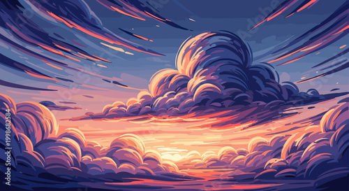 Pixelated sky ablaze with sunset hues, dramatic clouds swirl