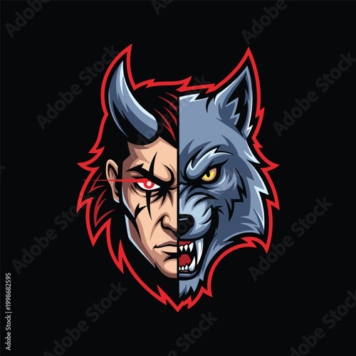 Wolf Man Hybrid Face Split Portrait.