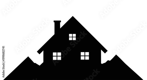 Black silhouette of a gabled house with a chimney nestled among mountain peaks