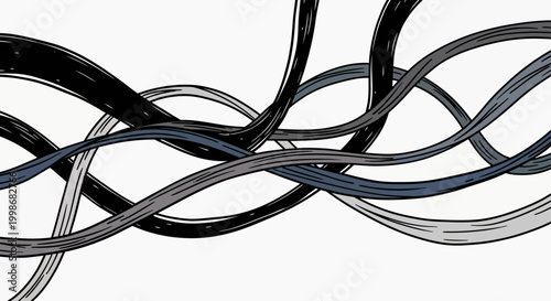 Abstract lines entwine in varying shades of gray, black, and blue