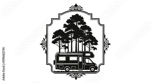 Silhouette of a recreational vehicle parked among pine trees within an ornate frame