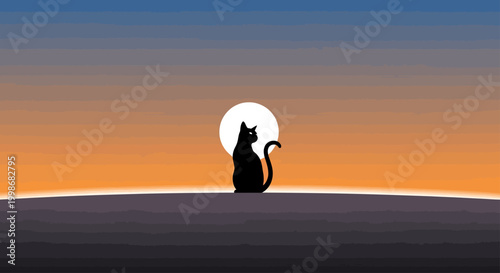 Silhouette of a black cat sitting against a bright moon and gradient sky