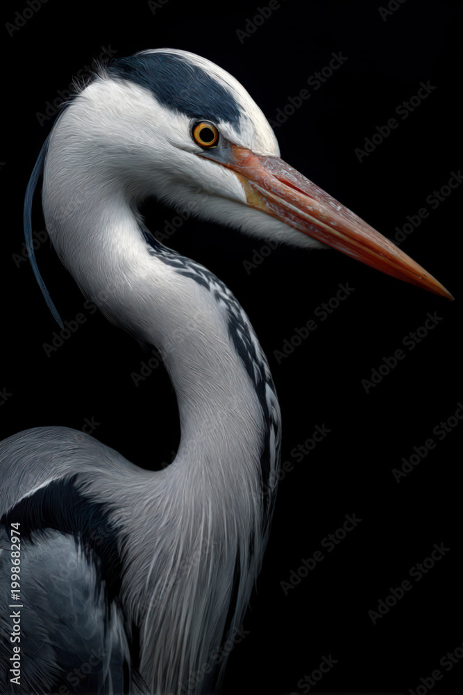 Fototapeta premium Portrait of a grey heron before black background