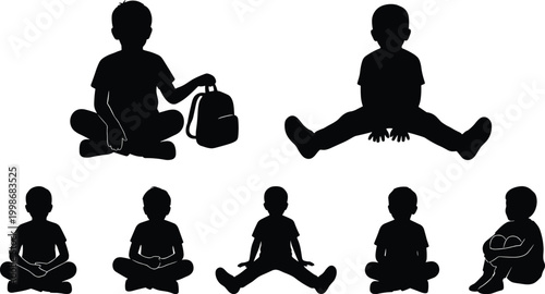 Children sitting silhouette vector illustration set, diverse icons with seated postures representing childhood, education, play and lifestyle theme - flat vector illustration