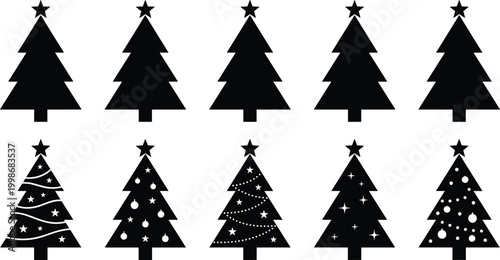 Christmas tree silhouette flat vector illustration featuring ten festive decorated and plain designs, holiday season graphic art, black-and-white drawing
