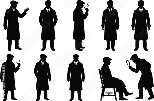 Detective silhouette flat vector illustration featuring classic investigator poses with magnifying glass, pipe, and trench coat, mystery design art, black-and-white drawing