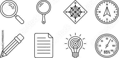 Exploration creativity and measurement icons collection, magnifying glass compass pencil paper light bulb gauge vector illustration - black and white flat vector illustration